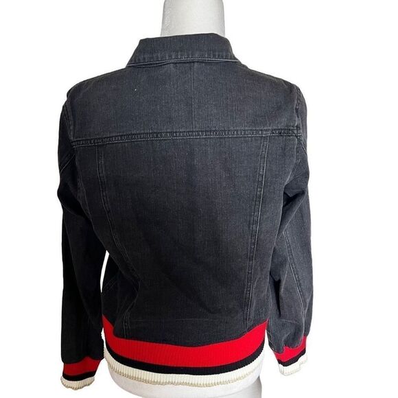 Design Lab Women's Ribbed Knit Hem Button Down Denim Jacket Black Red Medium - Picture 2 of 5